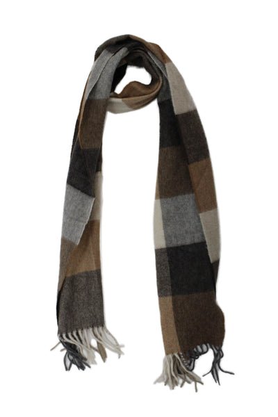 Rene Lezard Womens Cashmere Knit Plaid Fringe Scarf Brown White 66"x12"