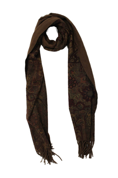Designer Womens Cashmere Knit Floral Printed Fringe Scarf Brown 68"x18"