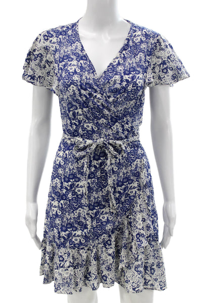 Ba&Sh Womens Wrap Dress Blue Floral Cotton V Neck Short Sleeve Size 1