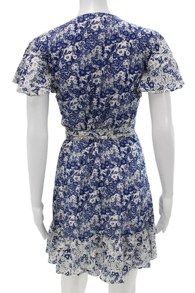 Ba&Sh Womens Wrap Dress Blue Floral Cotton V Neck Short Sleeve Size 1