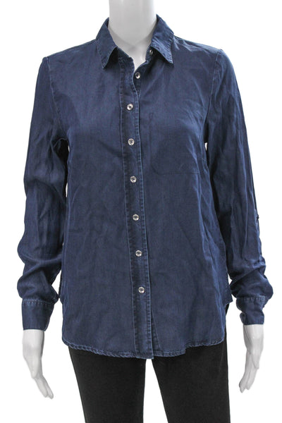 Renuar Womens Blue Tencel Lyocell Collared Button-Up Blouse Long Sleeve Size XS