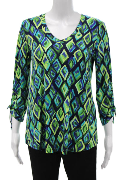 Pure Essence Women Tunic Blouse Multicolor V-Neck Argyle 3/4 Sleeve Size XS