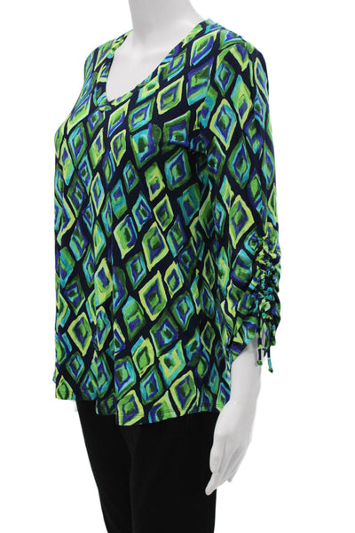 Pure Essence Women Tunic Blouse Multicolor V-Neck Argyle 3/4 Sleeve Size XS
