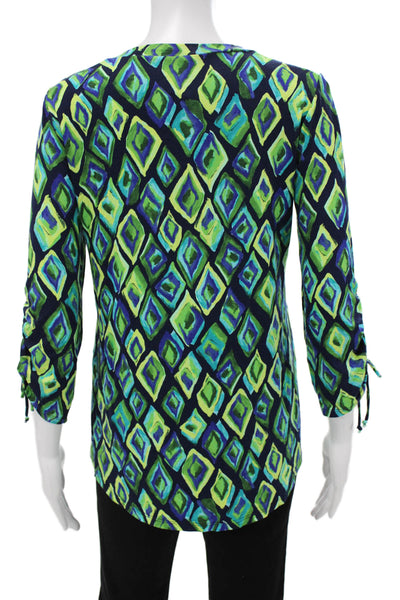 Pure Essence Women Tunic Blouse Multicolor V-Neck Argyle 3/4 Sleeve Size XS