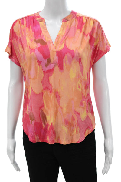 Renuar Women Basic Blouse Pink V-Neck Short Sleeve Abstract Size XS