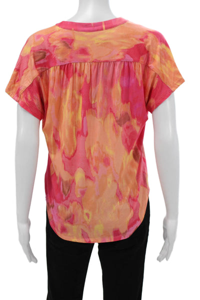 Renuar Women Basic Blouse Pink V-Neck Short Sleeve Abstract Size XS