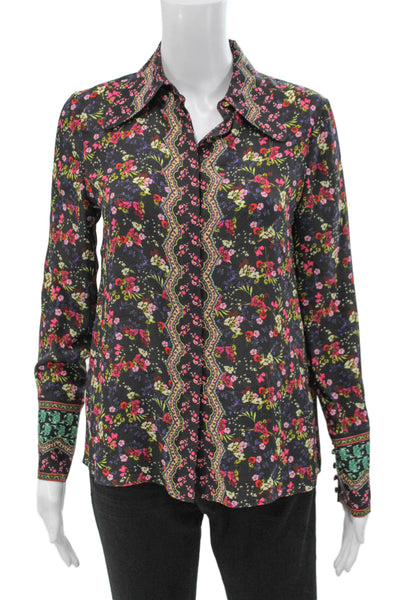 Alice + Olivia Womens Black Floral Silk Collared Long Sleeve Blouse Size S
