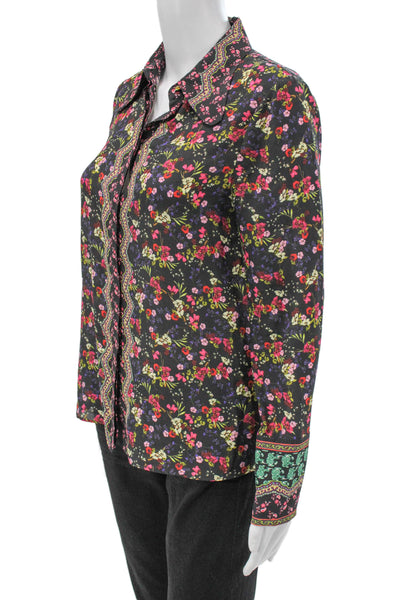 Alice + Olivia Womens Black Floral Silk Collared Long Sleeve Blouse Size S