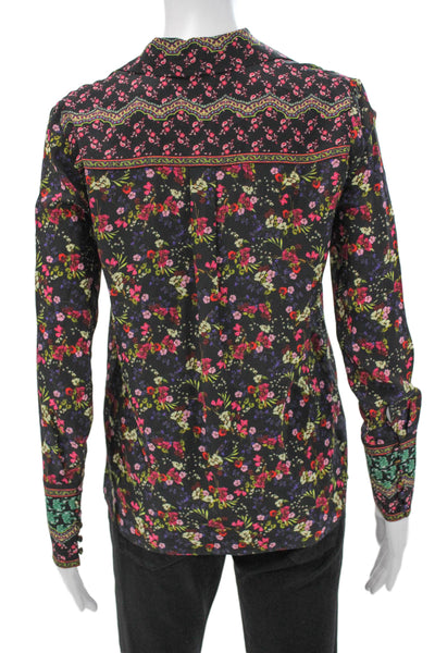Alice + Olivia Womens Black Floral Silk Collared Long Sleeve Blouse Size S