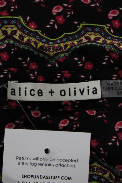 Alice + Olivia Womens Black Floral Silk Collared Long Sleeve Blouse Size S