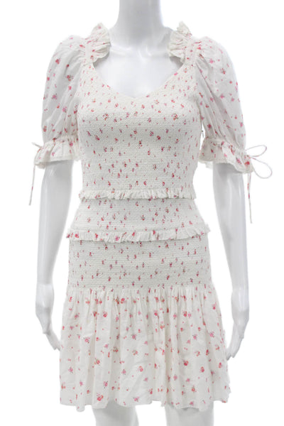 Love Shack Fancy Women Mini White Cotton V Neck Short Sleeve Dress Size S