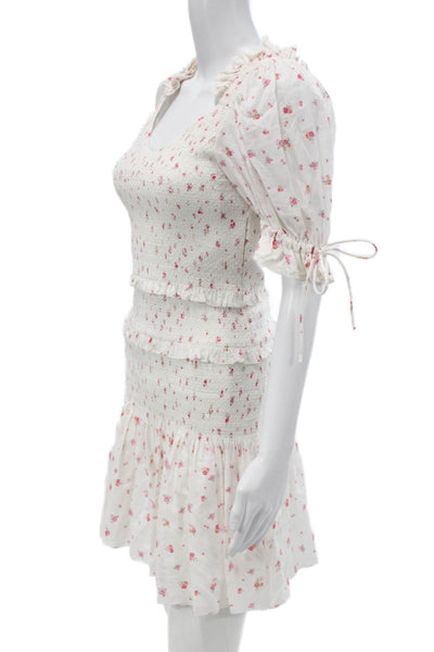 Love Shack Fancy Women Mini White Cotton V Neck Short Sleeve Dress Size S
