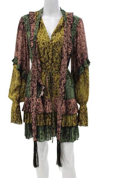 Alexis Womens Mini Dress V-Neck Animal Print Tie Waist Long Sleeve Size S