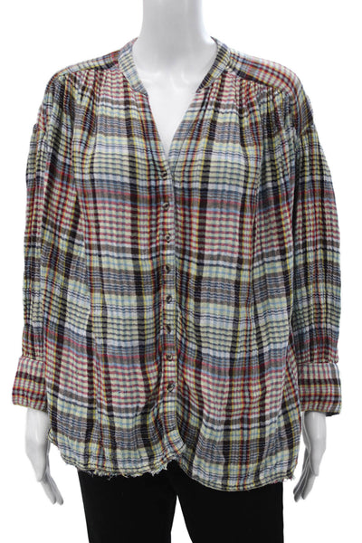 Free People Womens Tunic Blouse Multicolor Plaid V-Neck Long Sleeve Size XS