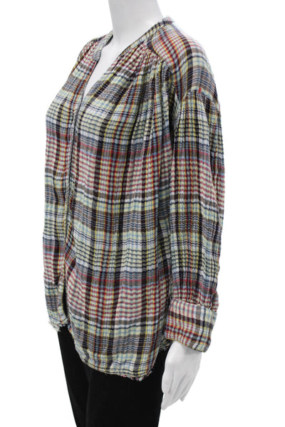 Free People Womens Tunic Blouse Multicolor Plaid V-Neck Long Sleeve Size XS