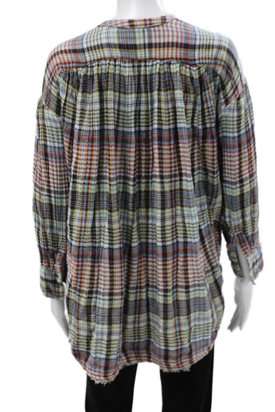 Free People Womens Tunic Blouse Multicolor Plaid V-Neck Long Sleeve Size XS