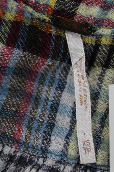 Free People Womens Tunic Blouse Multicolor Plaid V-Neck Long Sleeve Size XS