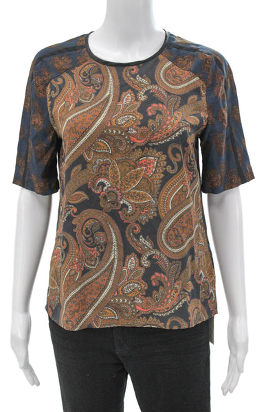 ALC Women Silk Paisley Short Sleeve Round Neck Zip Blouse Size 6