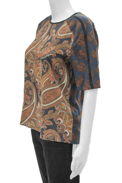 ALC Women Silk Paisley Short Sleeve Round Neck Zip Blouse Size 6