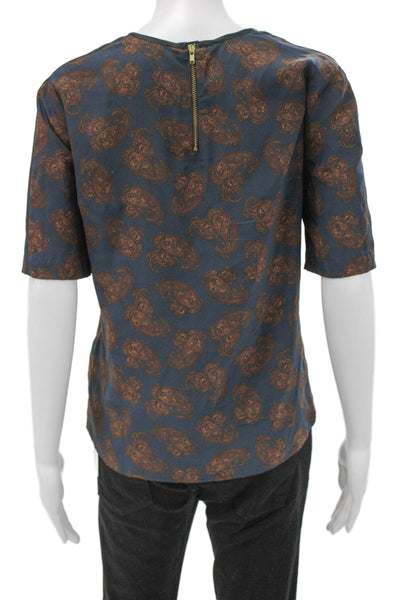 ALC Women Silk Paisley Short Sleeve Round Neck Zip Blouse Size 6