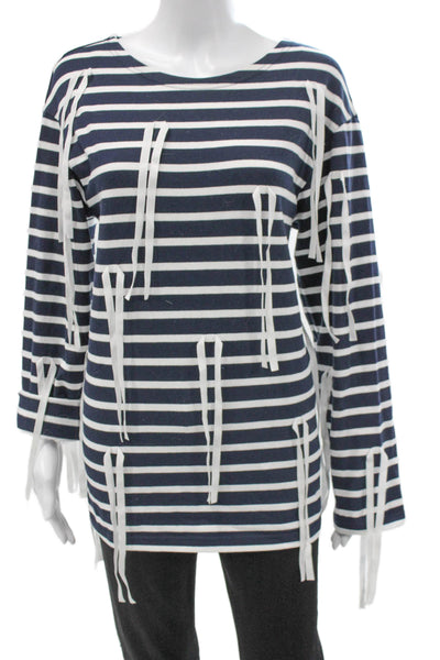 Goen. J Womens Striped Boat Neck Long Sleeve Tunic T-Shirt Blue Cotton Size 4