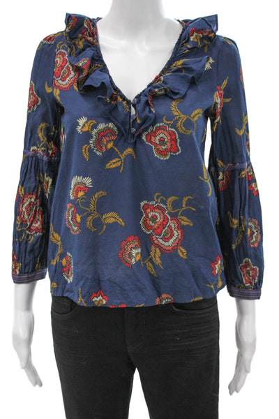 Madewell Women Floral V-Neck Cotton Blouse Long Sleeve Blue Pullover Size 2XS