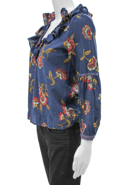 Madewell Women Floral V-Neck Cotton Blouse Long Sleeve Blue Pullover Size 2XS