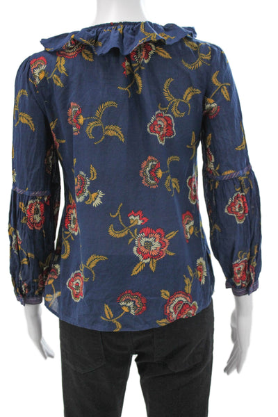 Madewell Women Floral V-Neck Cotton Blouse Long Sleeve Blue Pullover Size 2XS