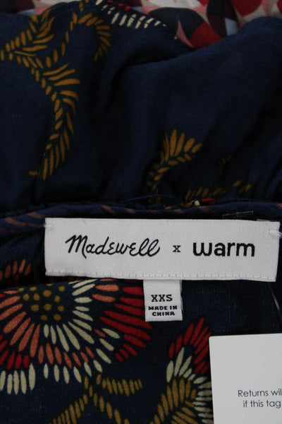 Madewell Women Floral V-Neck Cotton Blouse Long Sleeve Blue Pullover Size 2XS