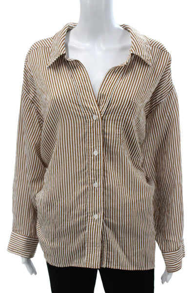 Zara Women Basic Brown Cotton Striped Collared Long Sleeve Button-Up Size S