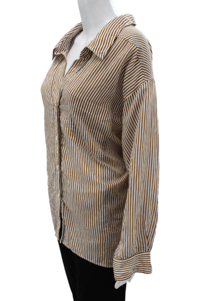 Zara Women Basic Brown Cotton Striped Collared Long Sleeve Button-Up Size S