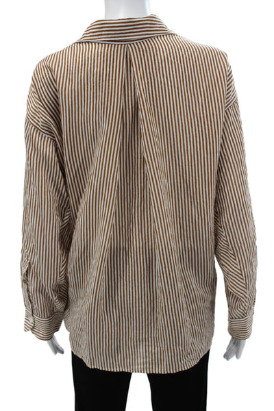 Zara Women Basic Brown Cotton Striped Collared Long Sleeve Button-Up Size S