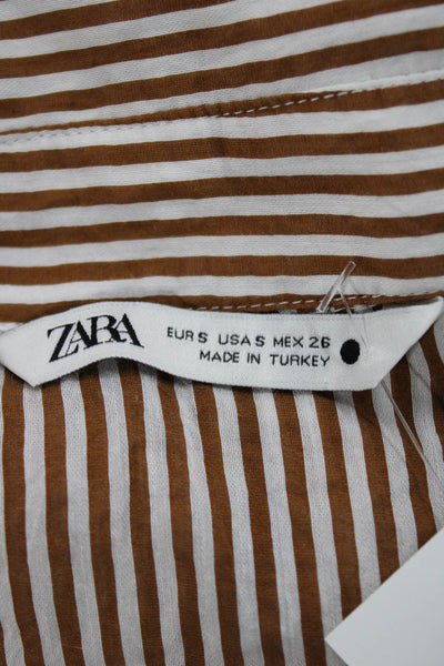 Zara Women Basic Brown Cotton Striped Collared Long Sleeve Button-Up Size S