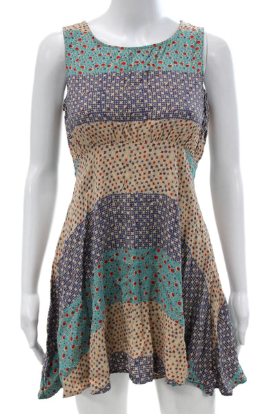 Free People Women Mini Patchwork Multicolor Sleeveless Round Neck Dress Size 4