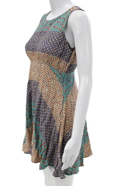 Free People Women Mini Patchwork Multicolor Sleeveless Round Neck Dress Size 4