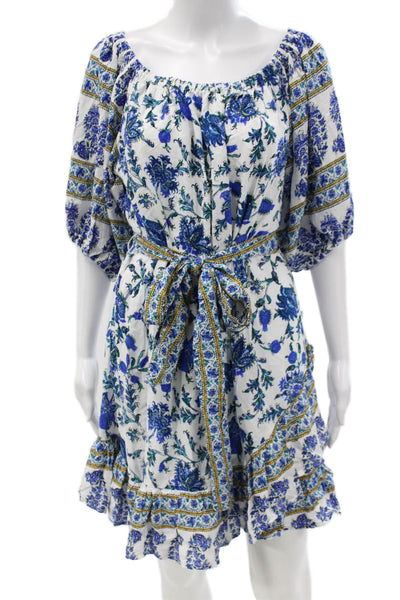 Nicole Miller Women Blue Floral Off the Shoulder Mini Dress Rayon Tie Size L