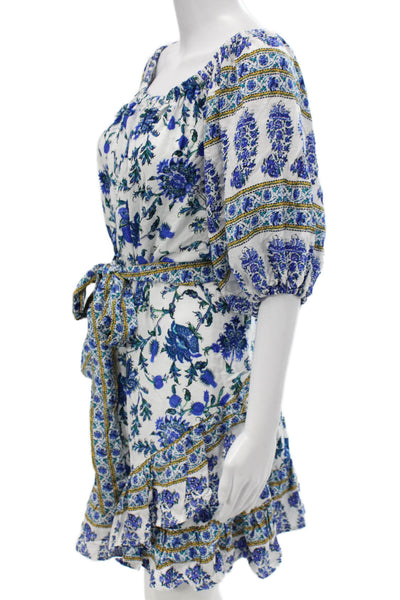 Nicole Miller Women Blue Floral Off the Shoulder Mini Dress Rayon Tie Size L