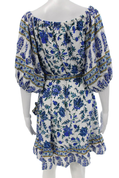 Nicole Miller Women Blue Floral Off the Shoulder Mini Dress Rayon Tie Size L