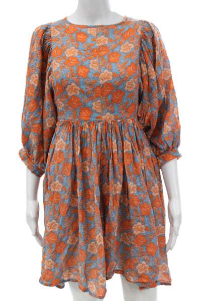 Sundry Women Mini Floral Cotton Dress Boat Neck 3/4 Sleeve Tie Size 2