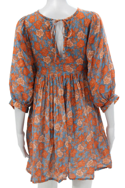 Sundry Women Mini Floral Cotton Dress Boat Neck 3/4 Sleeve Tie Size 2