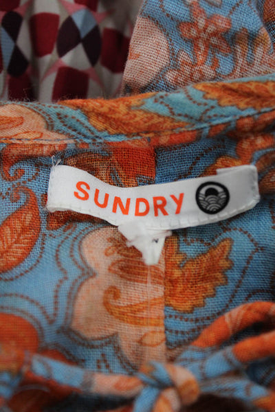 Sundry Women Mini Floral Cotton Dress Boat Neck 3/4 Sleeve Tie Size 2