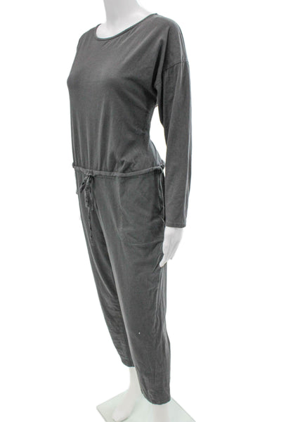 Zara Women Gray Knit Jumpsuit Long Sleeve Round Neck Drawstring Size M
