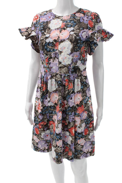 Rebecca Taylor Womens Fit & Flare Floral Cotton Dress Knee Length Button Size 8
