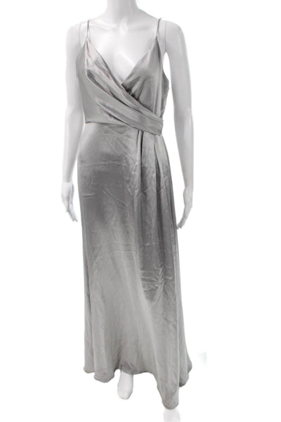 Jill Jill Stuart Women Silver Satin Maxi Dress V-Neck Sleeveless Zip Size 6