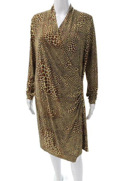 Norma Kamali Women Brown Animal Print Wrap Dress Long Sleeve V-Neck Size L