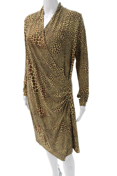 Norma Kamali Women Brown Animal Print Wrap Dress Long Sleeve V-Neck Size L