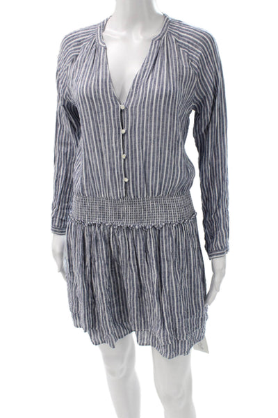 Rails Womens Mini Linen Striped V-Neck Long Sleeve Button Knee Dress Size XS