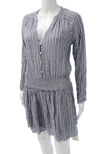 Rails Womens Mini Linen Striped V-Neck Long Sleeve Button Knee Dress Size XS