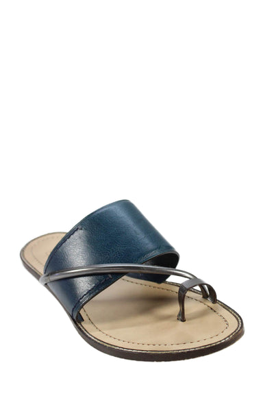 Reed Krakoff Womens Leather Toe Ring Slide On Sandals Blue Grey Size 37.5 7.5