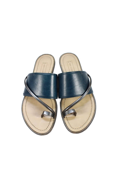 Reed Krakoff Womens Leather Toe Ring Slide On Sandals Blue Grey Size 37.5 7.5